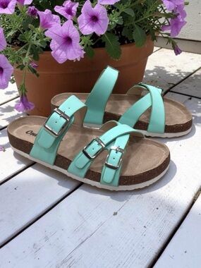 Outwoods Slide Sandals Womens 6 Mint Green Buckle Straps Comfort Flat New